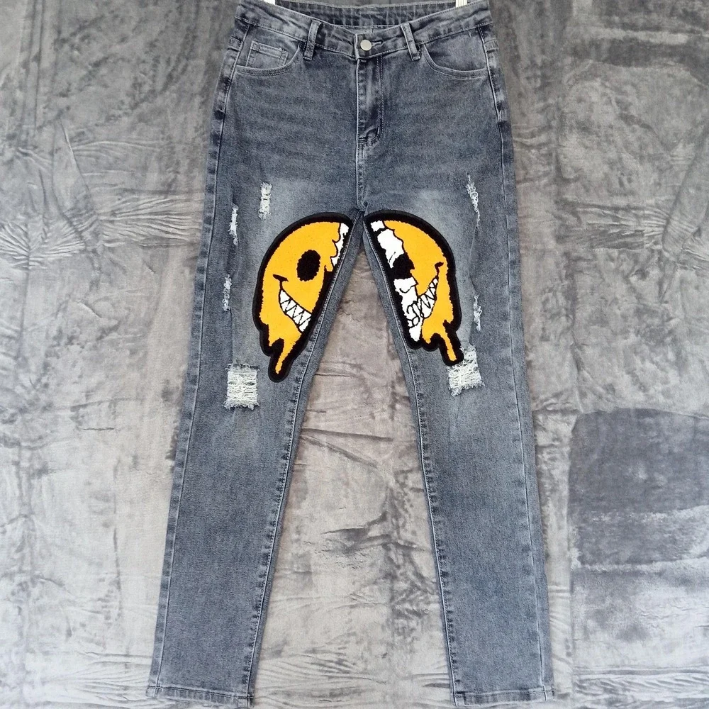 Jeans Womens 14‎ Blue Distressed Patchwork Smiley Face Graphic Y2K Streetwear